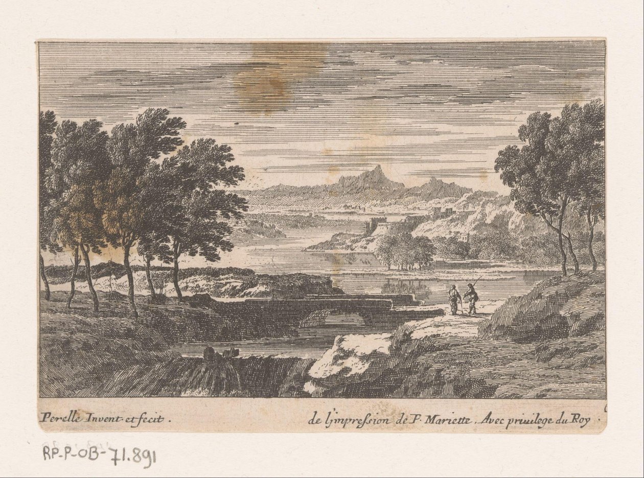 Landschaft mit Spaziergängern bei einer Steinbrücke von Nicolas Perelle