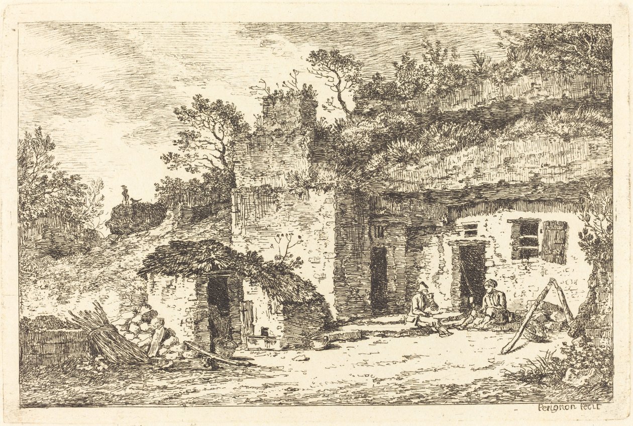 Ein Cottage mit zwei Männern, die am Eingang sitzen von Nicolas Perignon