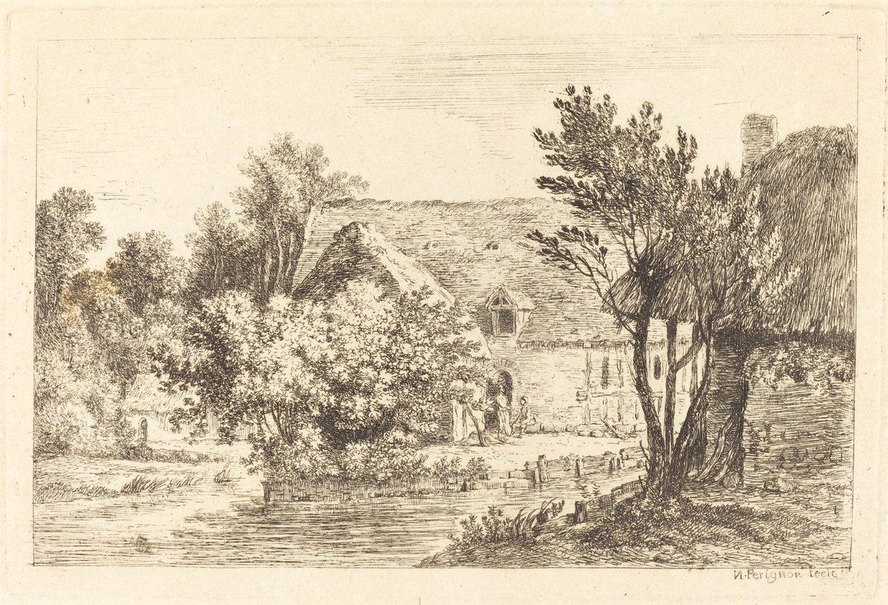 Ein Haus und ein schattiges Häuschen am Ufer eines Flusses von Nicolas Perignon