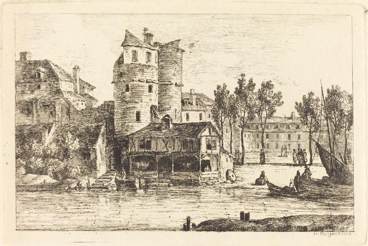 Stadt am Flussufer mit zwei runden Türmen von Nicolas Perignon