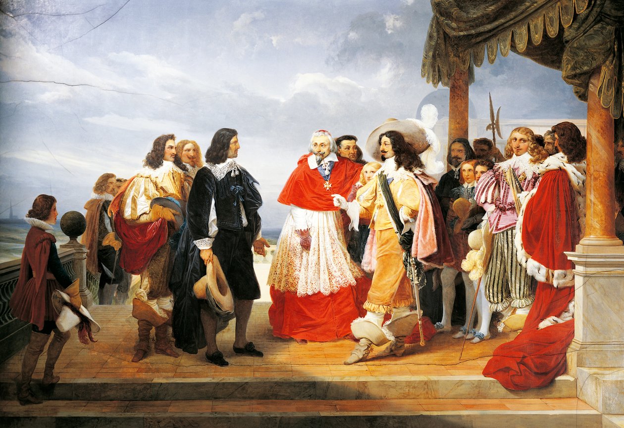 Kardinal Richelieu stellt Poussin Louis XIII. im Jahr 1640 vor, Detail aus einem Gemälde von 1832 von Jean Alaux (1786-1864), Frankreich von Nicolas Poussin