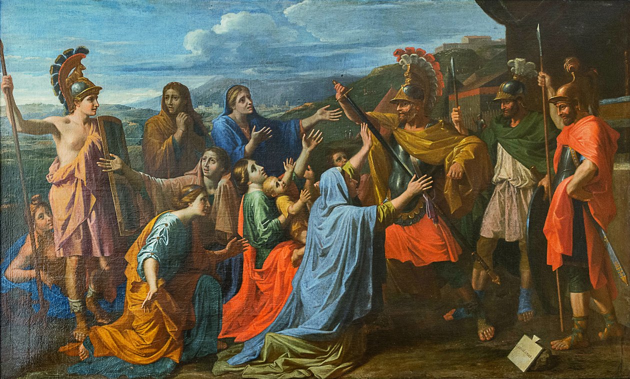 Coriolanus wird von seiner Familie überredet, Rom zu verschonen Veturia zu Füßen von Coriolanus, ca. 1652 von Nicolas Poussin