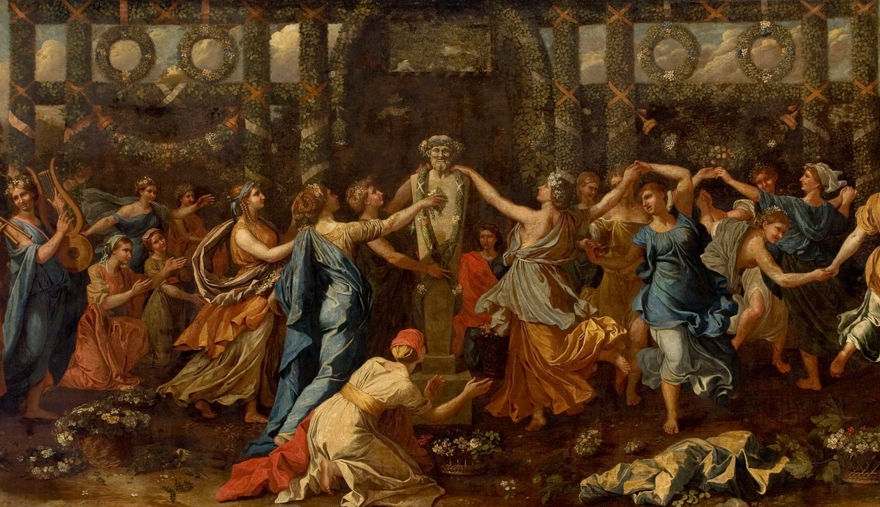 Hymenaios verkleidet als Frau während eines Opfers an Priapus (Detail) von Nicolas Poussin