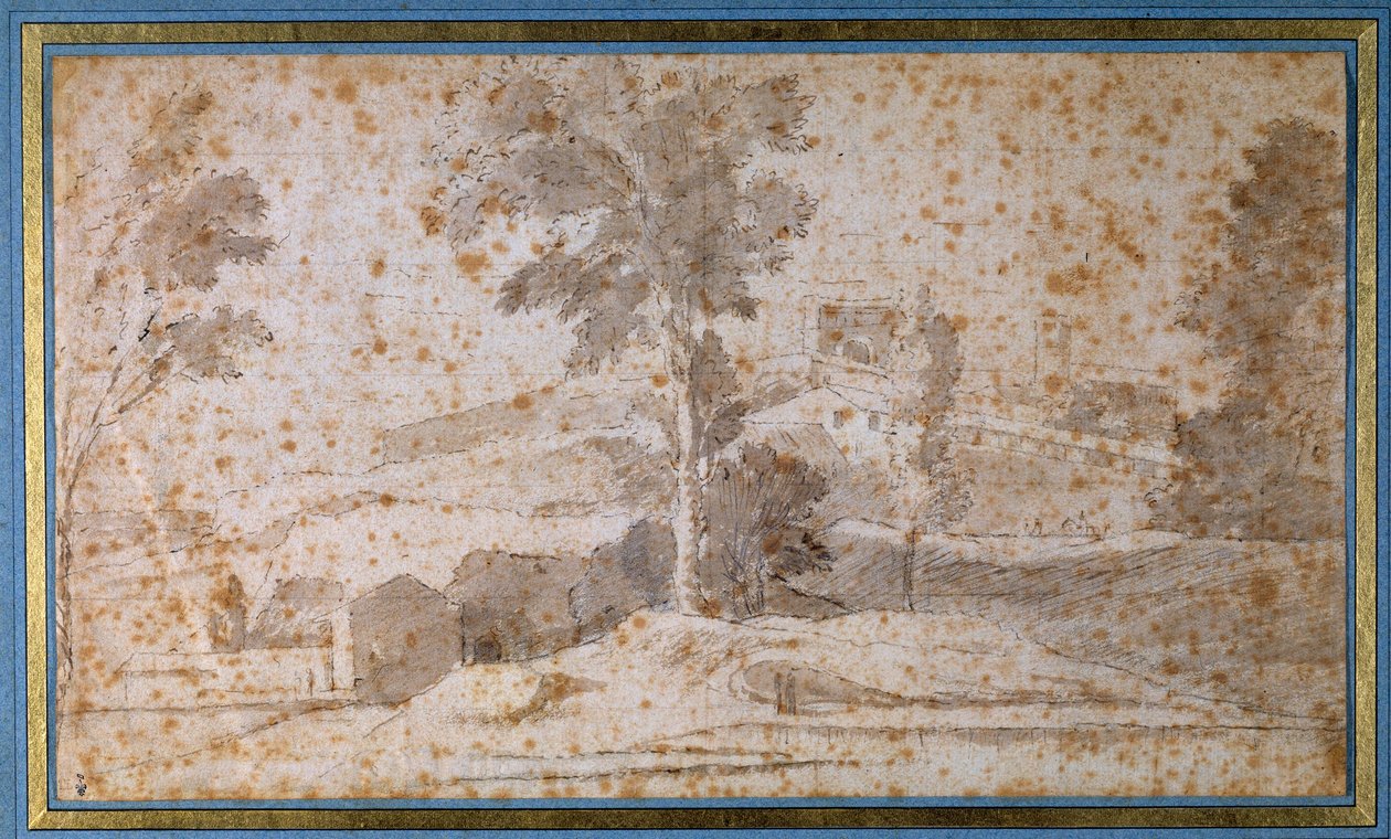 Landschaft mit einem großen Baum in der Mitte und einem Belvedere von Nicolas Poussin