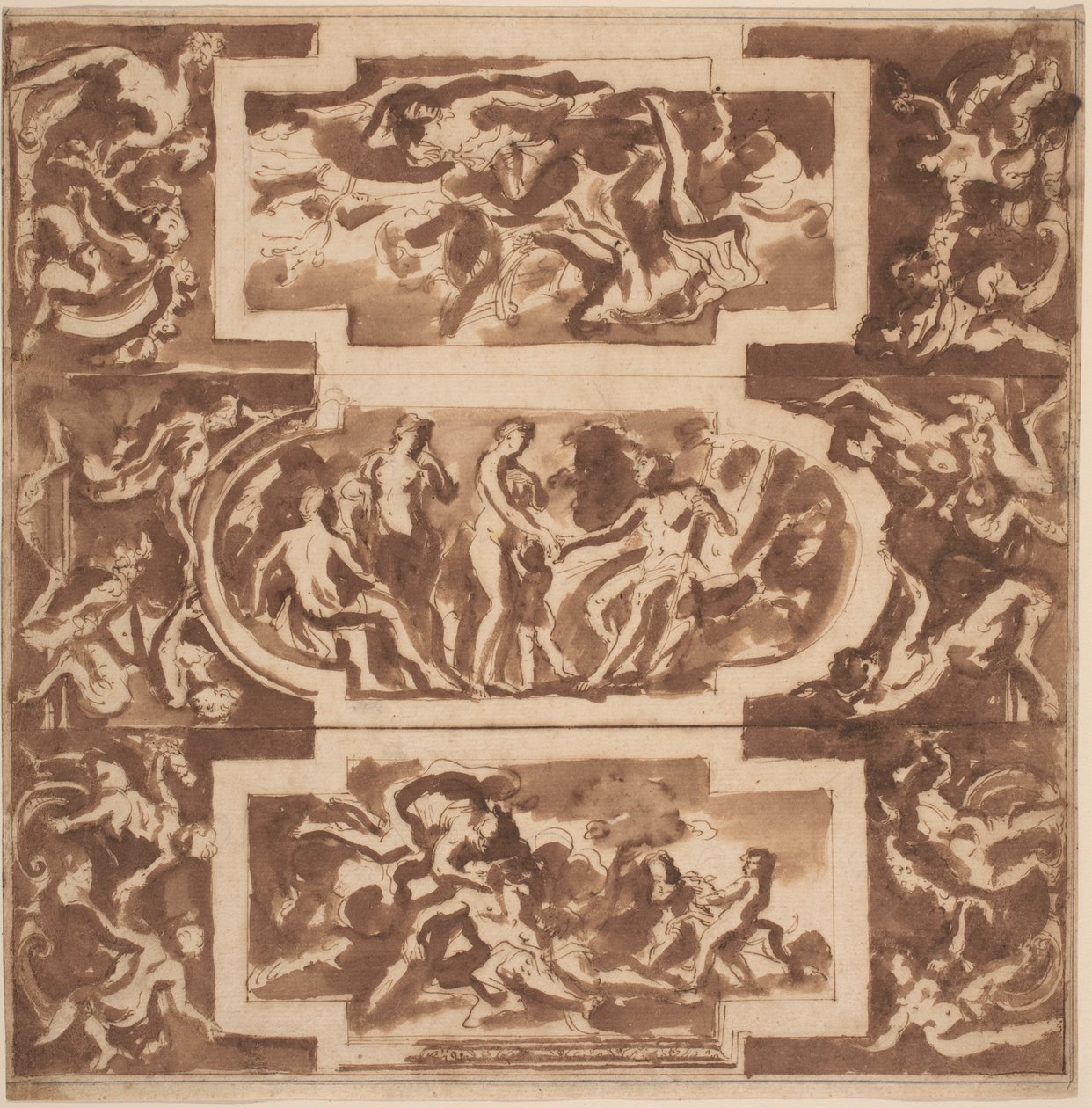 Modello für eine Decke: Diana und der tote Endymion, das Urteil des Paris und der Tod des Adonis von Nicolas Poussin