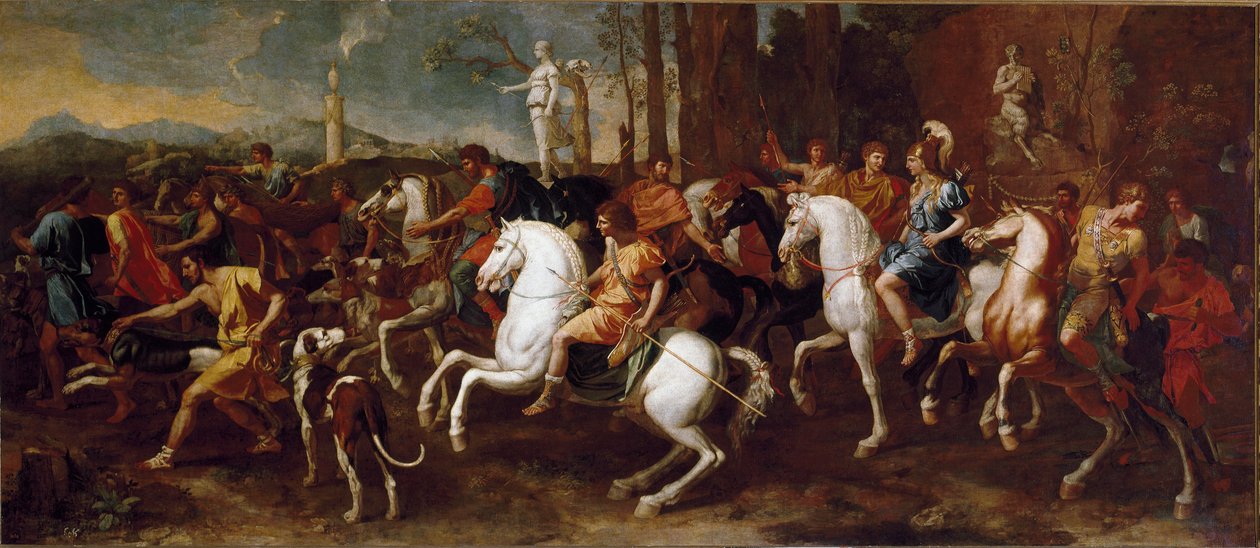 Die Jagd des Meleager. Helden der griechischen Mythologie, berühmt während der Jagd auf den Eber von Kalydon. Gemälde von Nicolas Poussin von Nicolas Poussin