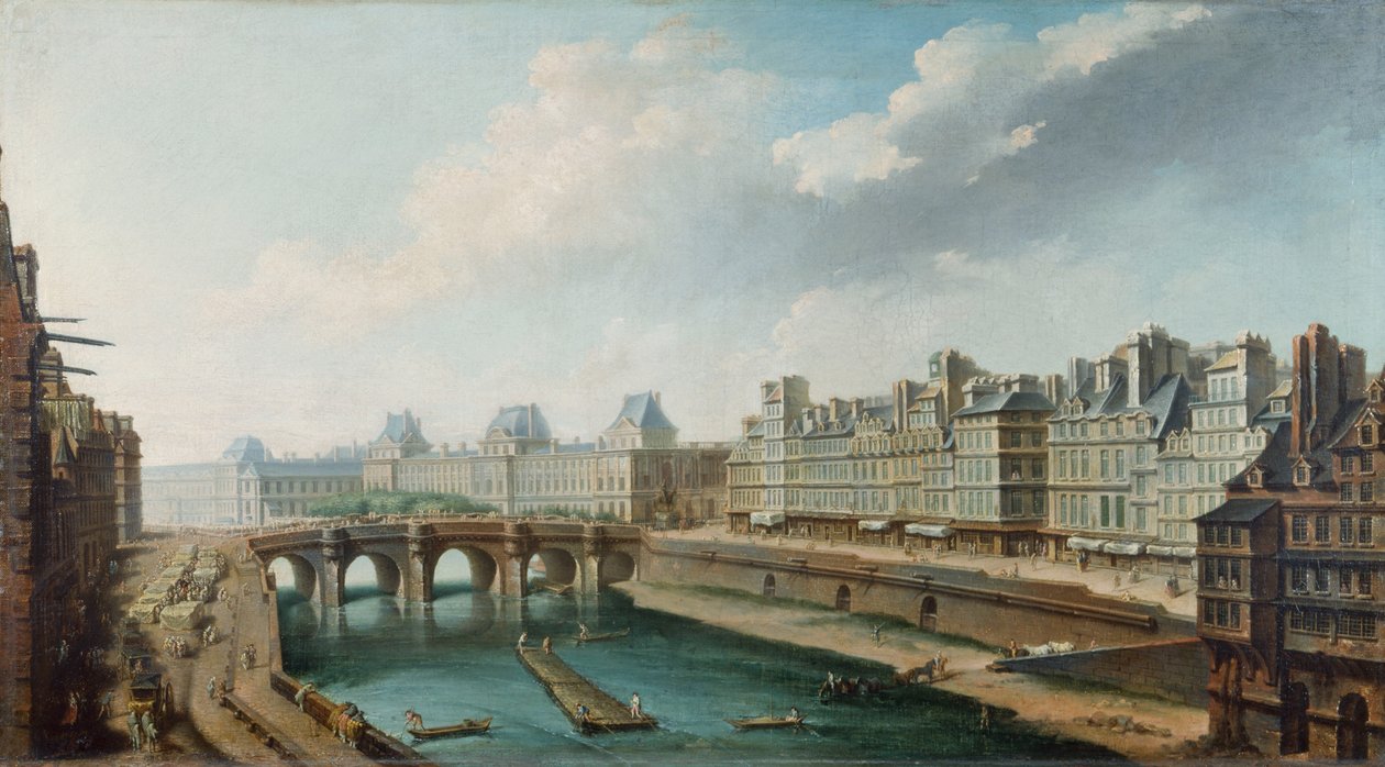 Blick auf den Louvre-Palast, die Pont Neuf und den Quai des Orfèvres vom Quai des Grands Augustins, ca. 1760 von Nicolas Raguenet
