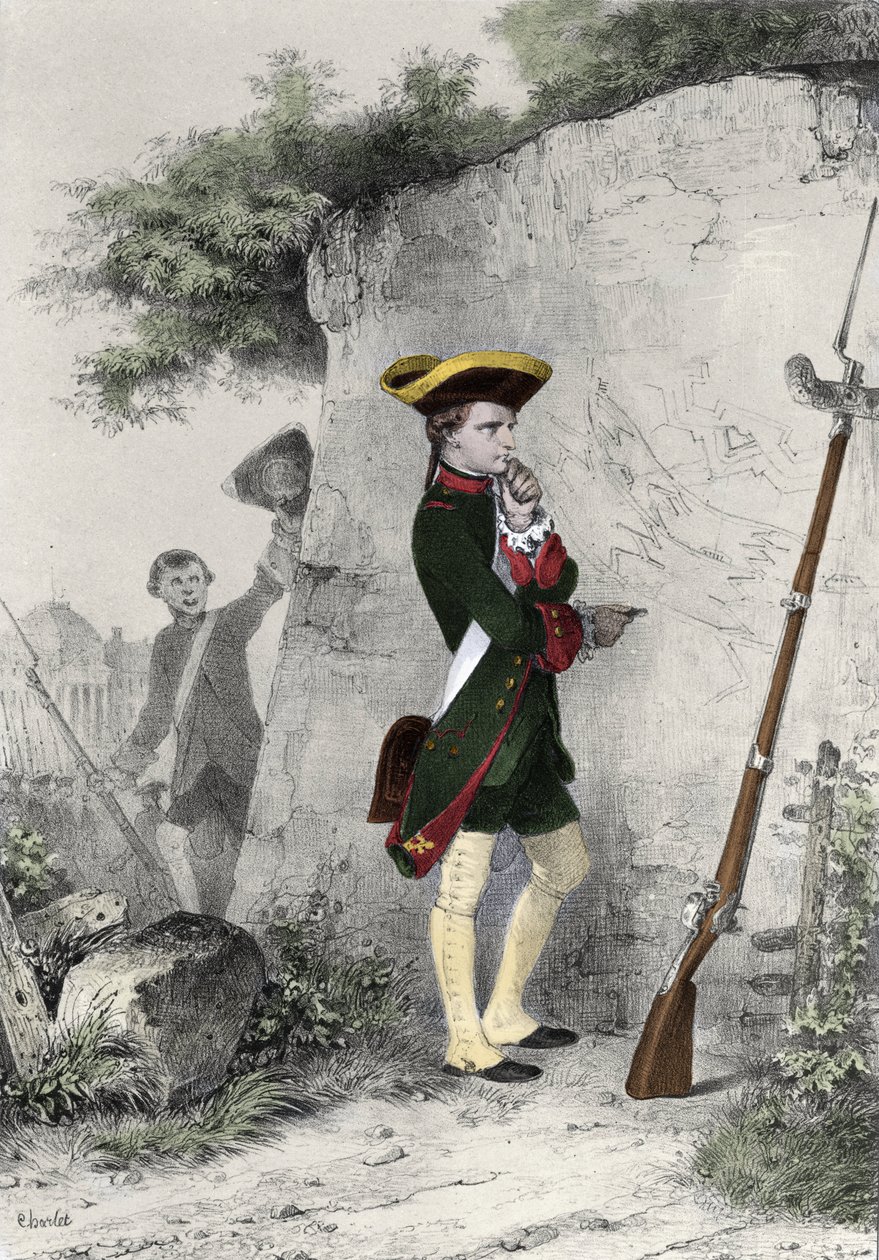 Napoleon I. Bonaparte (1769 - 1821) in der Militärschule von Brienne im Jahr 1783. Gravur von Charlet aus dem 19. Jahrhundert von Nicolas Toussaint Charlet