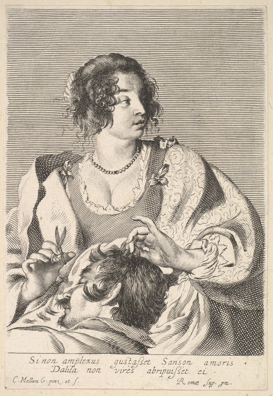 Delilah bereitet sich darauf vor, Samsons Haar mit einer Schere in ihrer rechten Hand zu schneiden, unter ihrer Brust..., ca. 1629 von Nicolas Viennot
