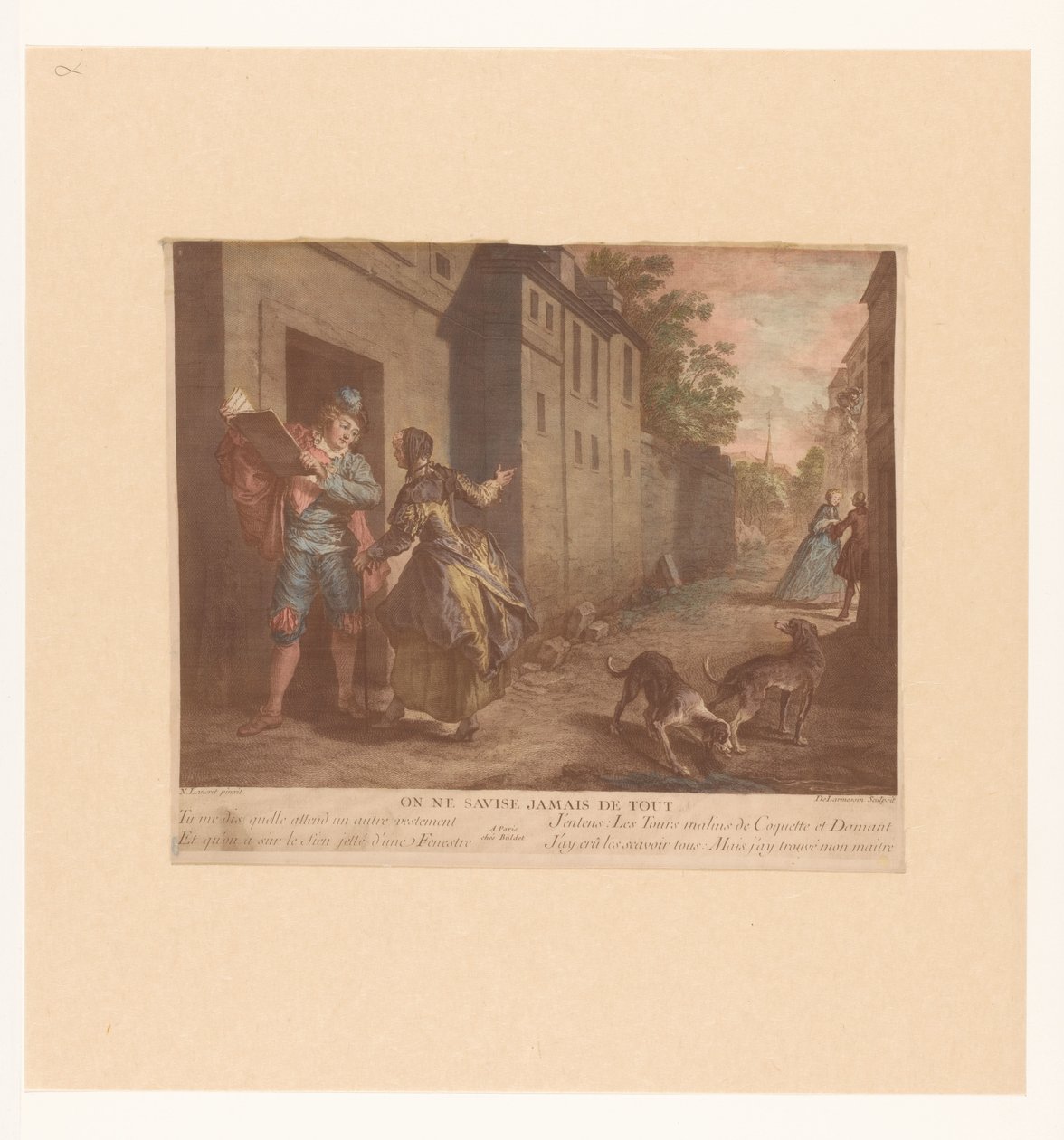 Straßenansicht mit Mann mit Buch (Fabeln von Jean de La Fontaine, Suite d