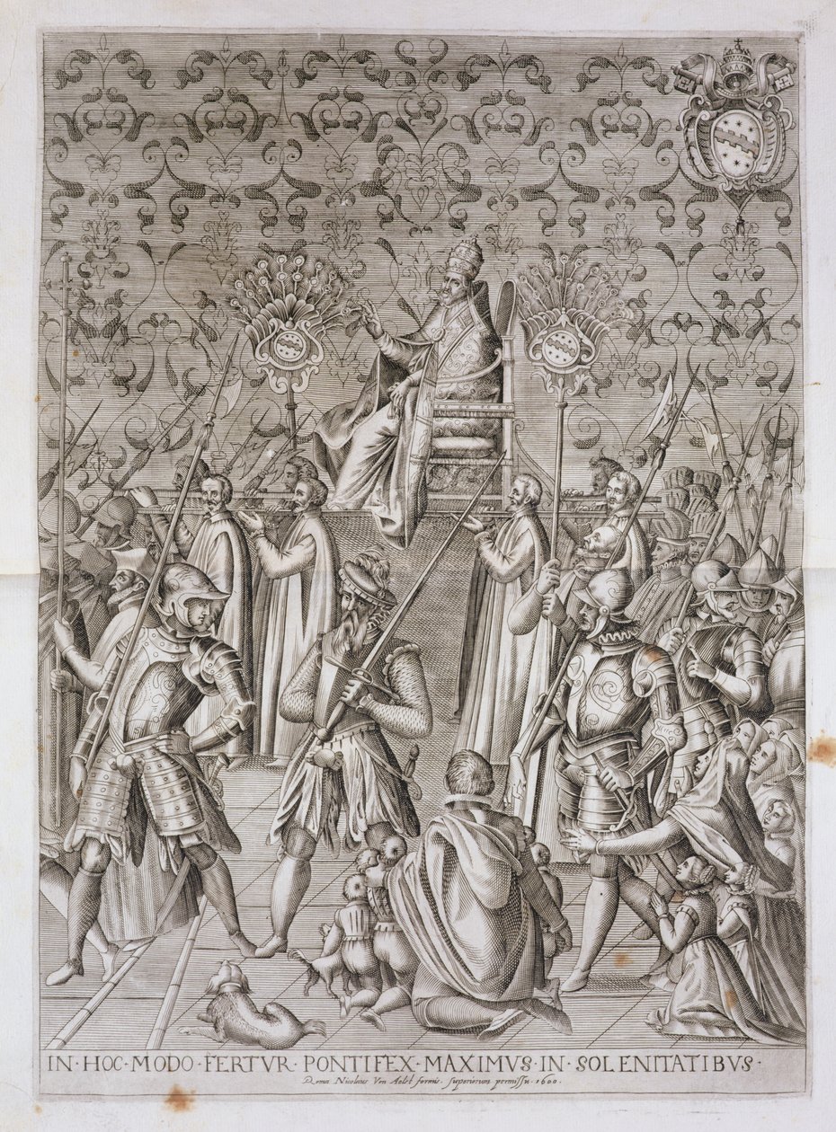 Papst Sixtus V (1521-90) wird zur Zeremonie der Einweihung des Obelisken vor der Basilika San Giovanni Laterano in Rom im Jahr 1588 getragen, 1600 von Nicolaus van Aelst