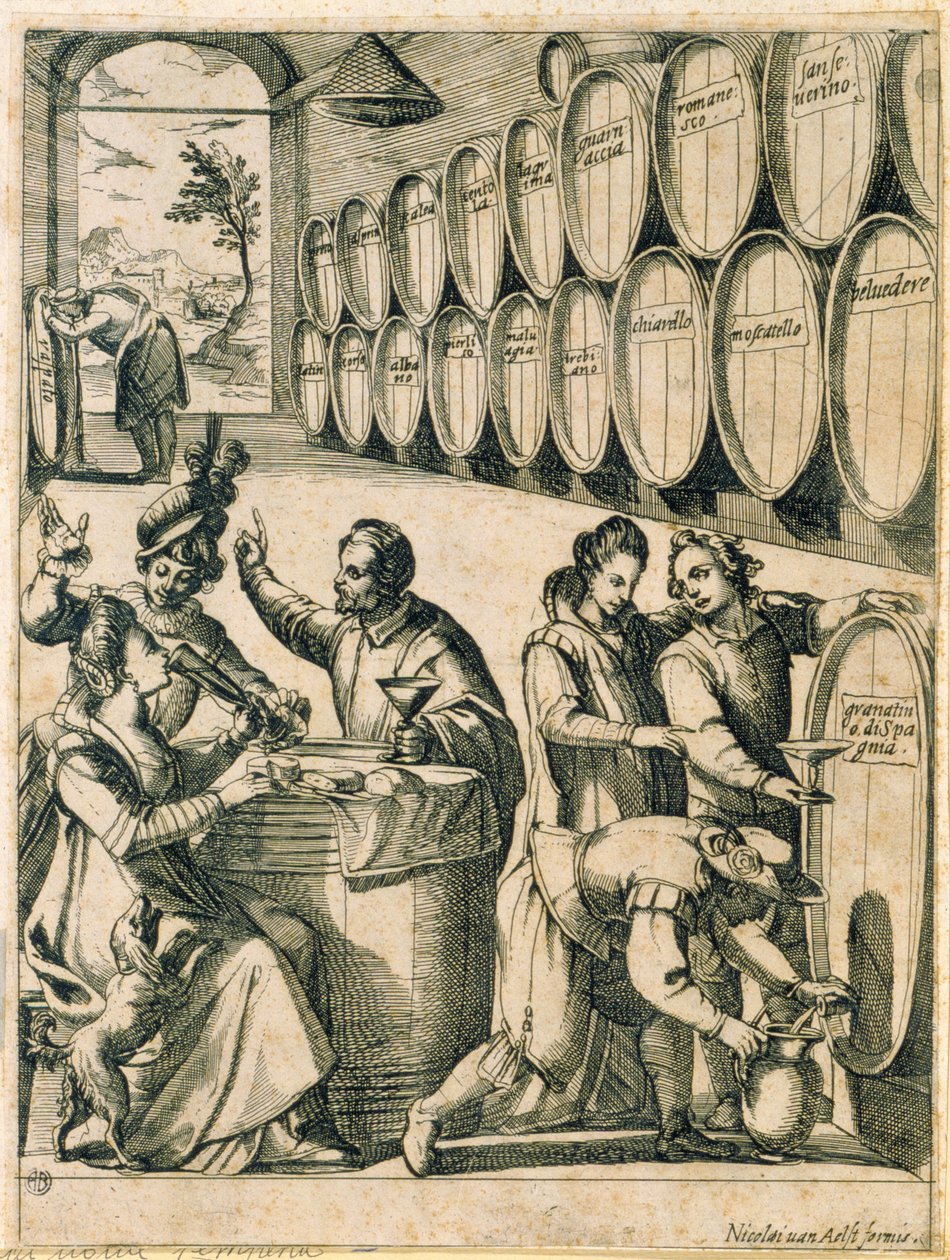 Trinker in einem Weinkeller (Namen römischer Weine sind auf die Fässer geschrieben) von Nicolaus van Aelst
