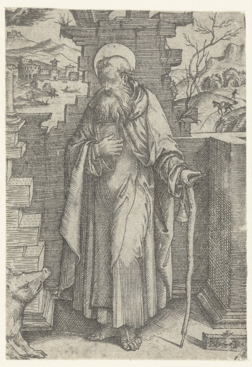 Heiliger Antonius der Große mit Taukreuz und Schwein von Nicoletto da Modena