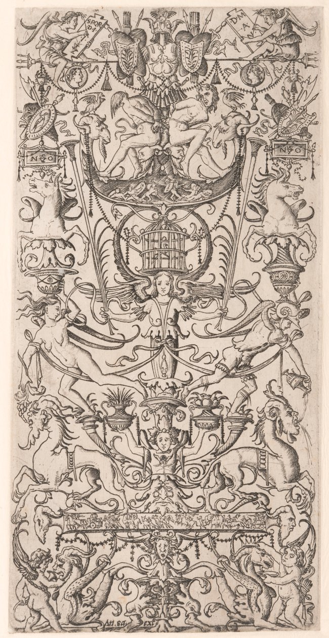 Ornamenttafel mit Vogelkäfig von Nicoletto da Modena