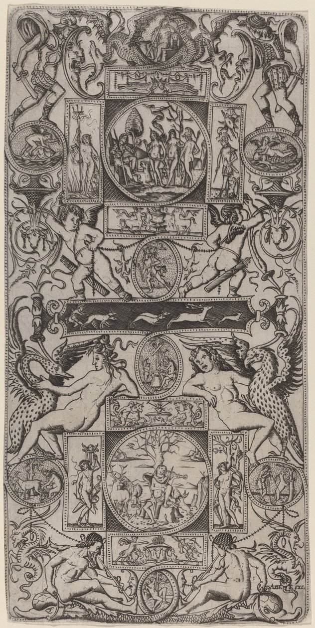 Ornamenttafel mit Orpheus und dem Urteil des Paris von Nicoletto da Modena