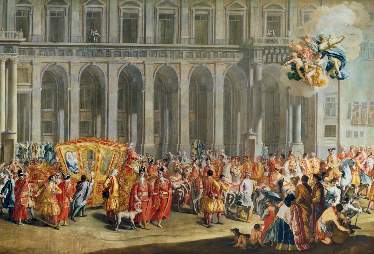 Die Abreise von Alois Thomas von Harrach, Vizekönig von Neapel (1669-1742) vom Palazzo Reale di Capodimonte (Detail) von Nicolo Maria Russo or Rossi