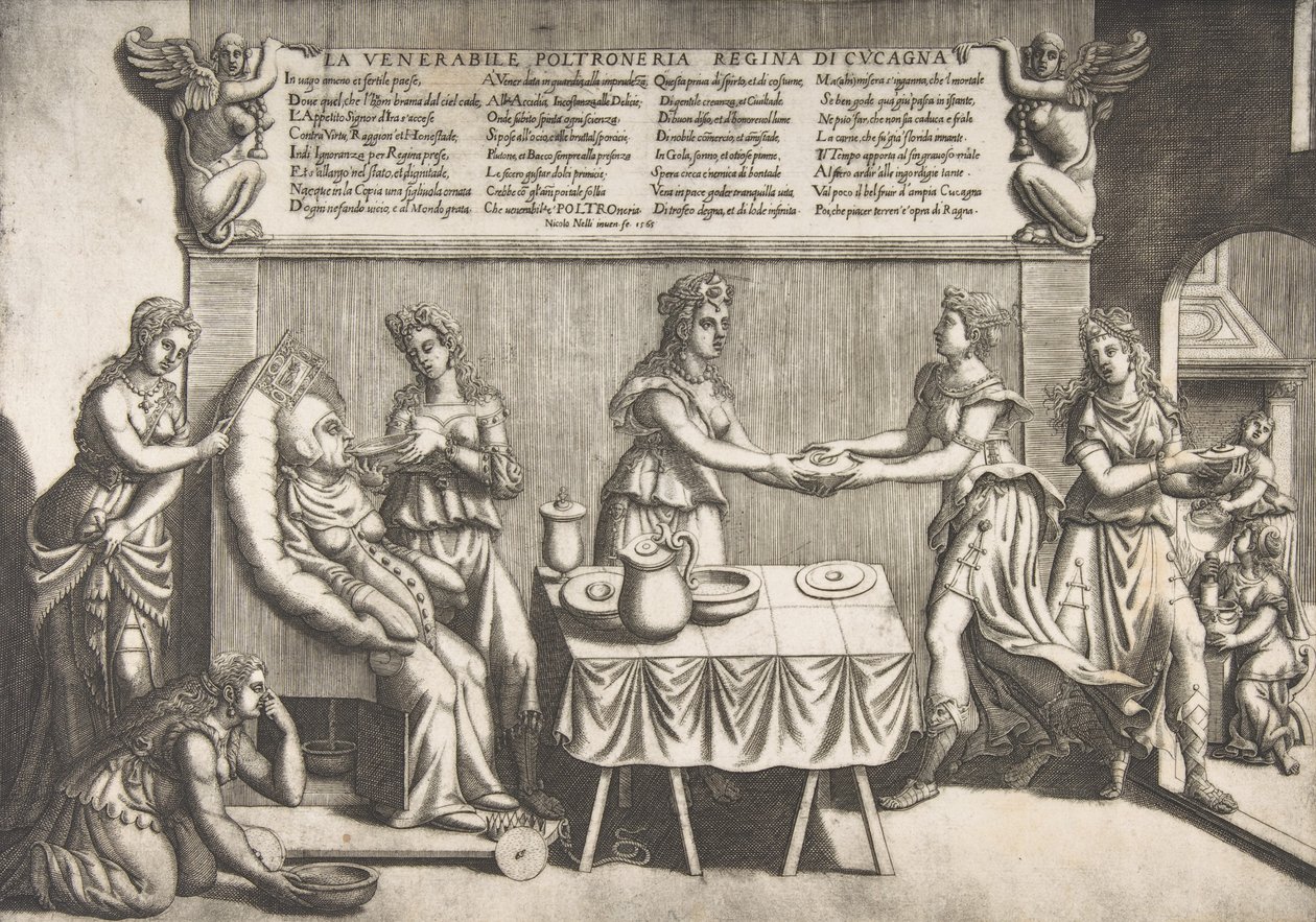 Verehrte Faulheit, Königin von Schlaraffenland, eine dicke Frau auf einem beweglichen Toilettenstuhl, 1565 von Nicolo Nelli