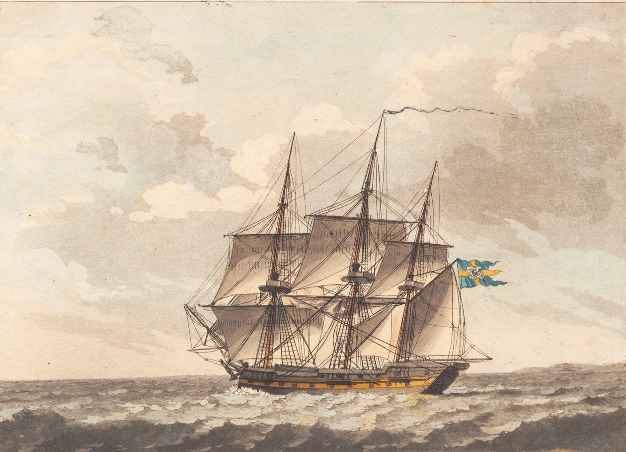 Eine schwedische Fregatte mit gerefften Marssegeln im Wind von Niels Truslew