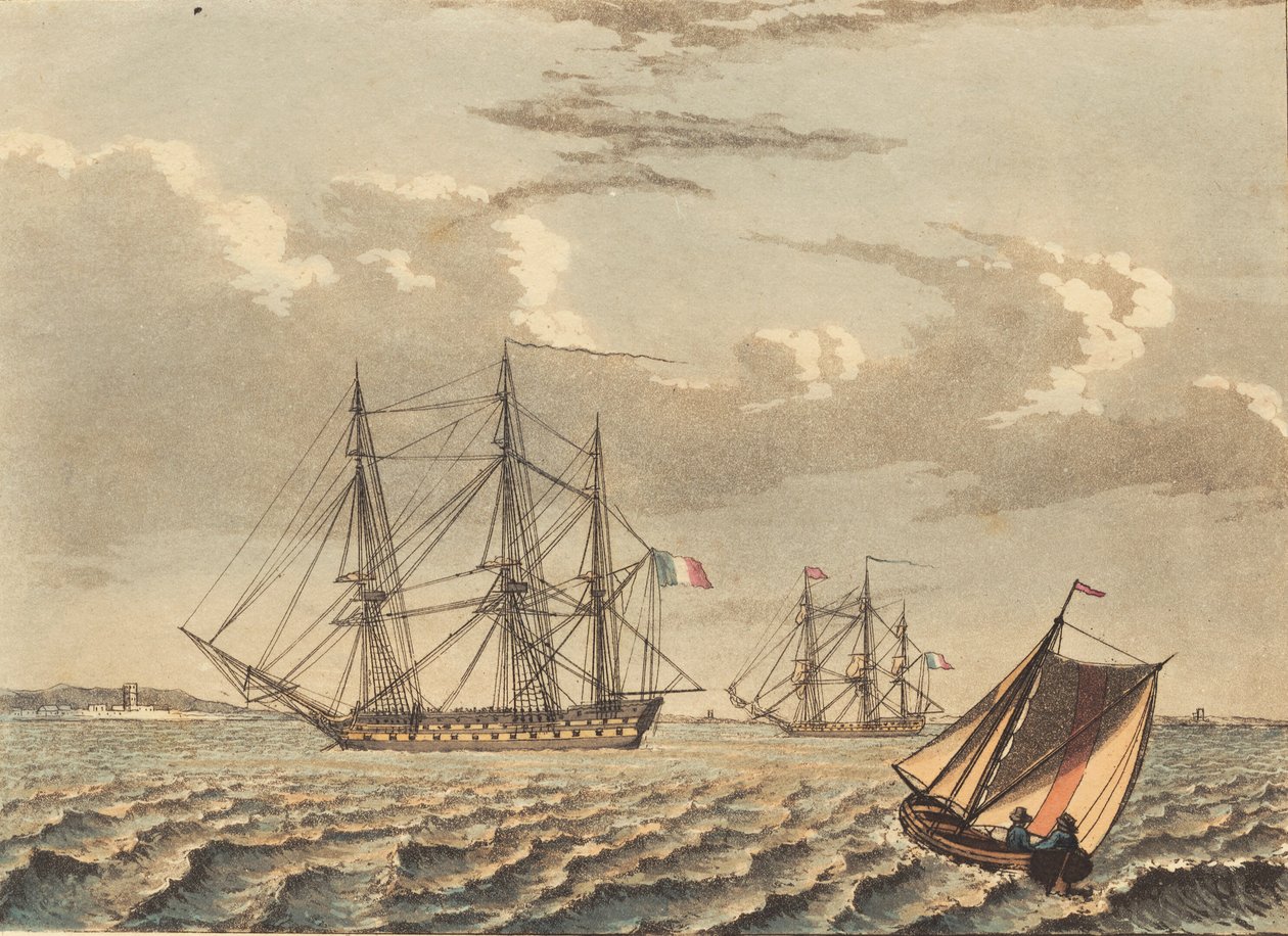 Französische Kriegsschiffe vor Anker und ein kreuzendes Boot von Niels Truslew