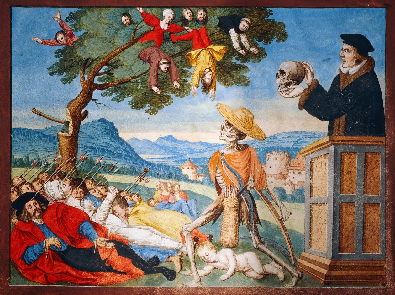Der Tod geht mit seiner Sense in Aktion und die Menschen fallen wie tote Blätter, Predigt von Memento Mori aus dem Totentanz-Zyklus von Albrecht Kauw von Niklaus Manuel