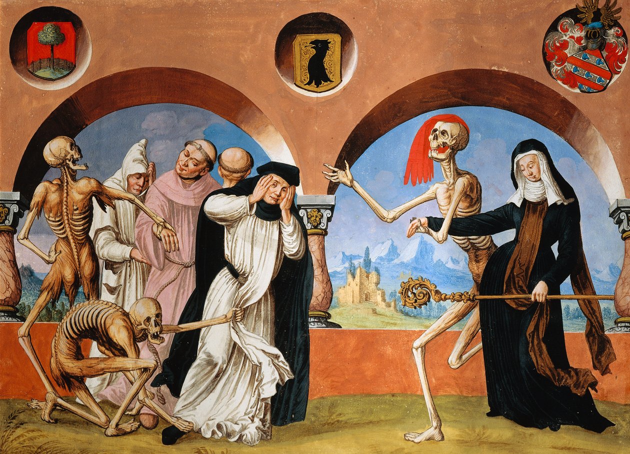 Der Tod, Mönche und Äbtissin aus dem Totentanzzyklus von Albrecht Kauw von Niklaus Manuel