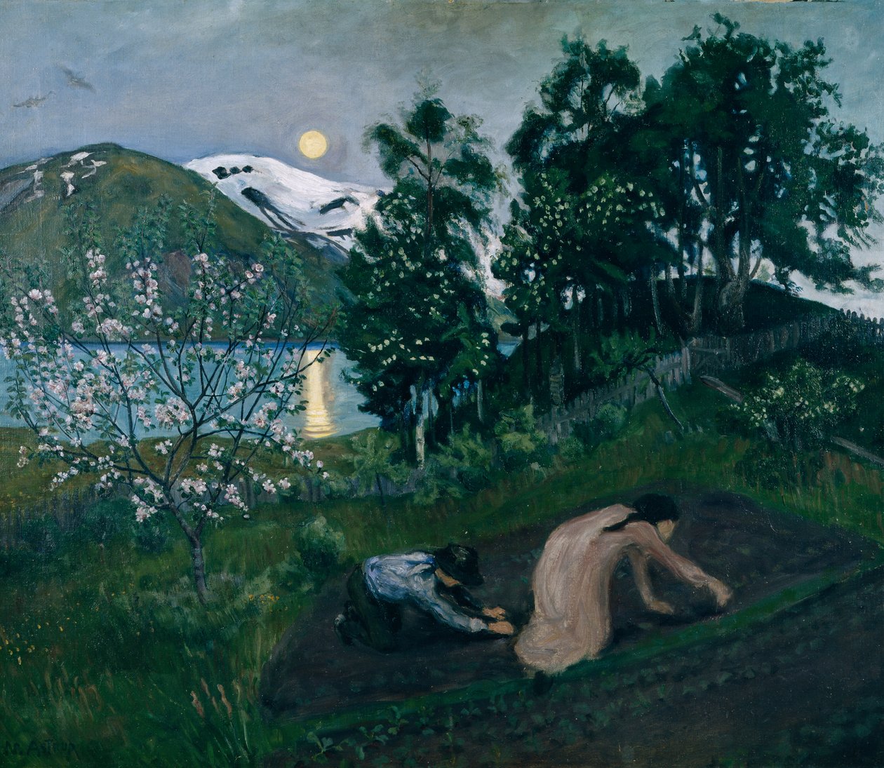 Frühlingsnacht im Garten, Nachtarbeit im Garten von Nikolai Astrup
