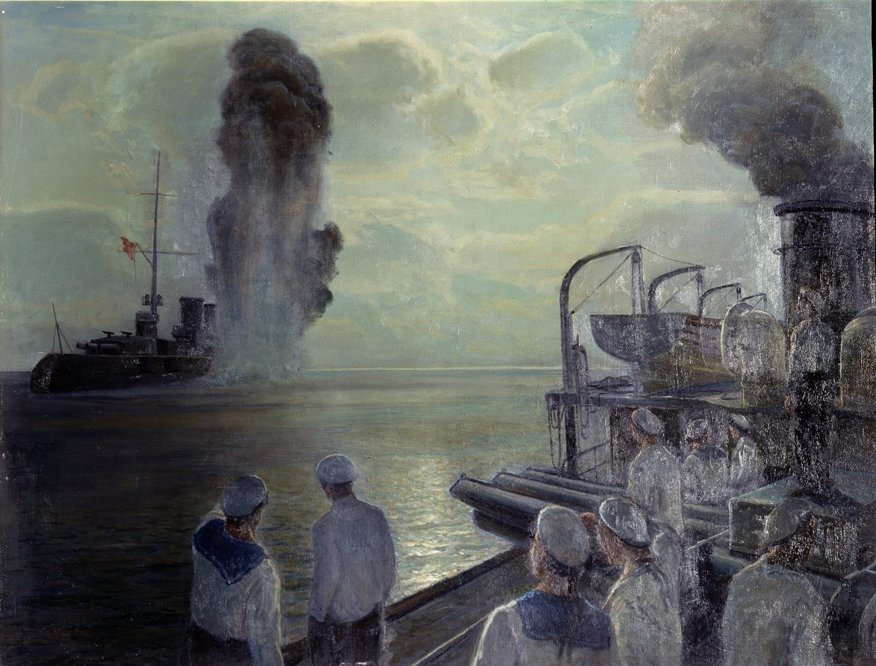 Russische Revolution von 1917: Die russische Schwarzmeerflotte versenkt am 18. Juni 1918 ihre eigenen Schiffe. von Nikolai Evlampievich Bublikov