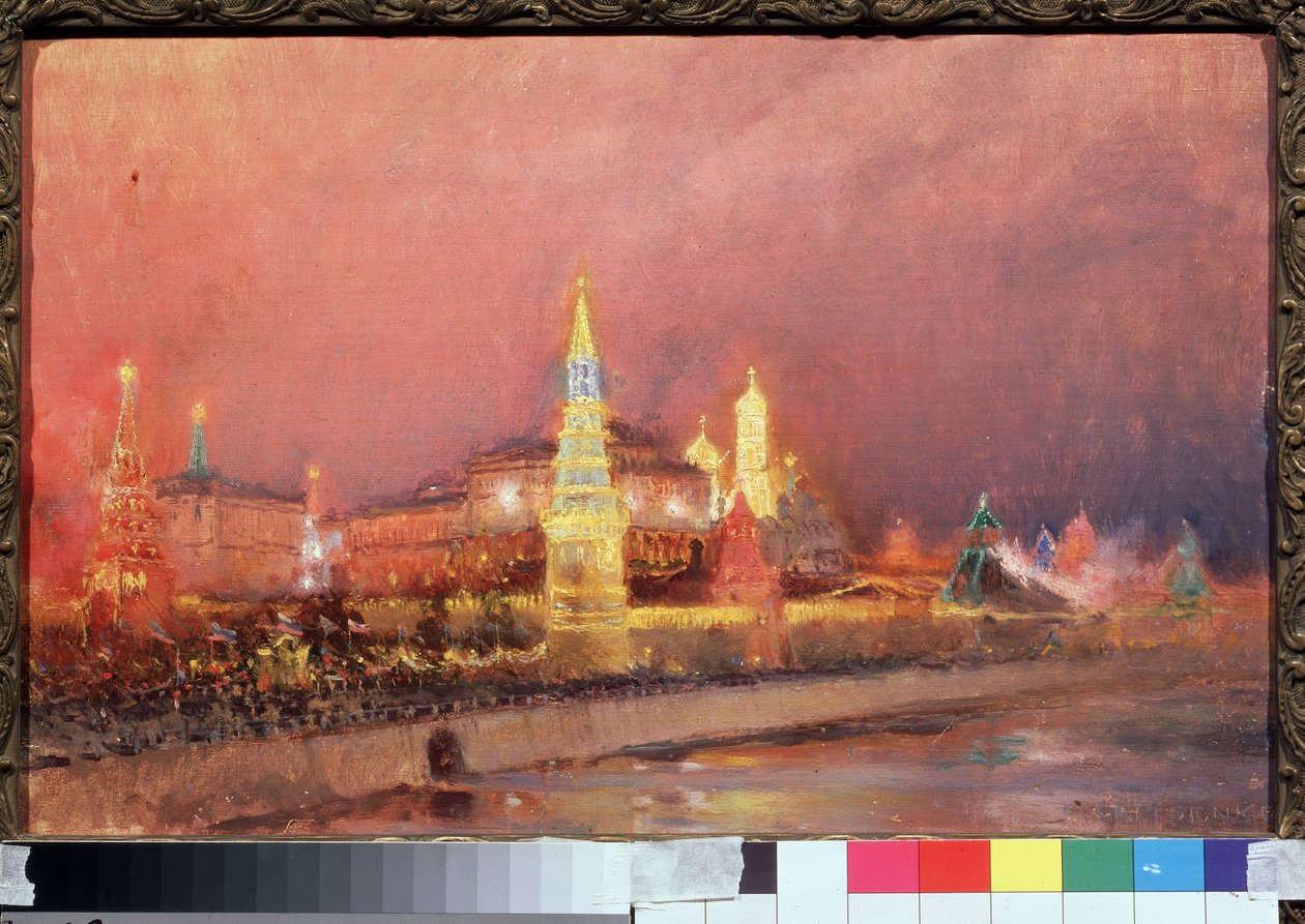 Beleuchtung des Moskauer Kremls. Stadtlandschaft mit russischen Flaggen und Menschenmengen entlang der Ufer der Moskwa. Gemälde von Nikolai Nikolayevich Gritsenko (1856-1900), Öl auf Leinwand, 1896. Russische Kunst von Nikolai Nikolaevich Gritsenko
