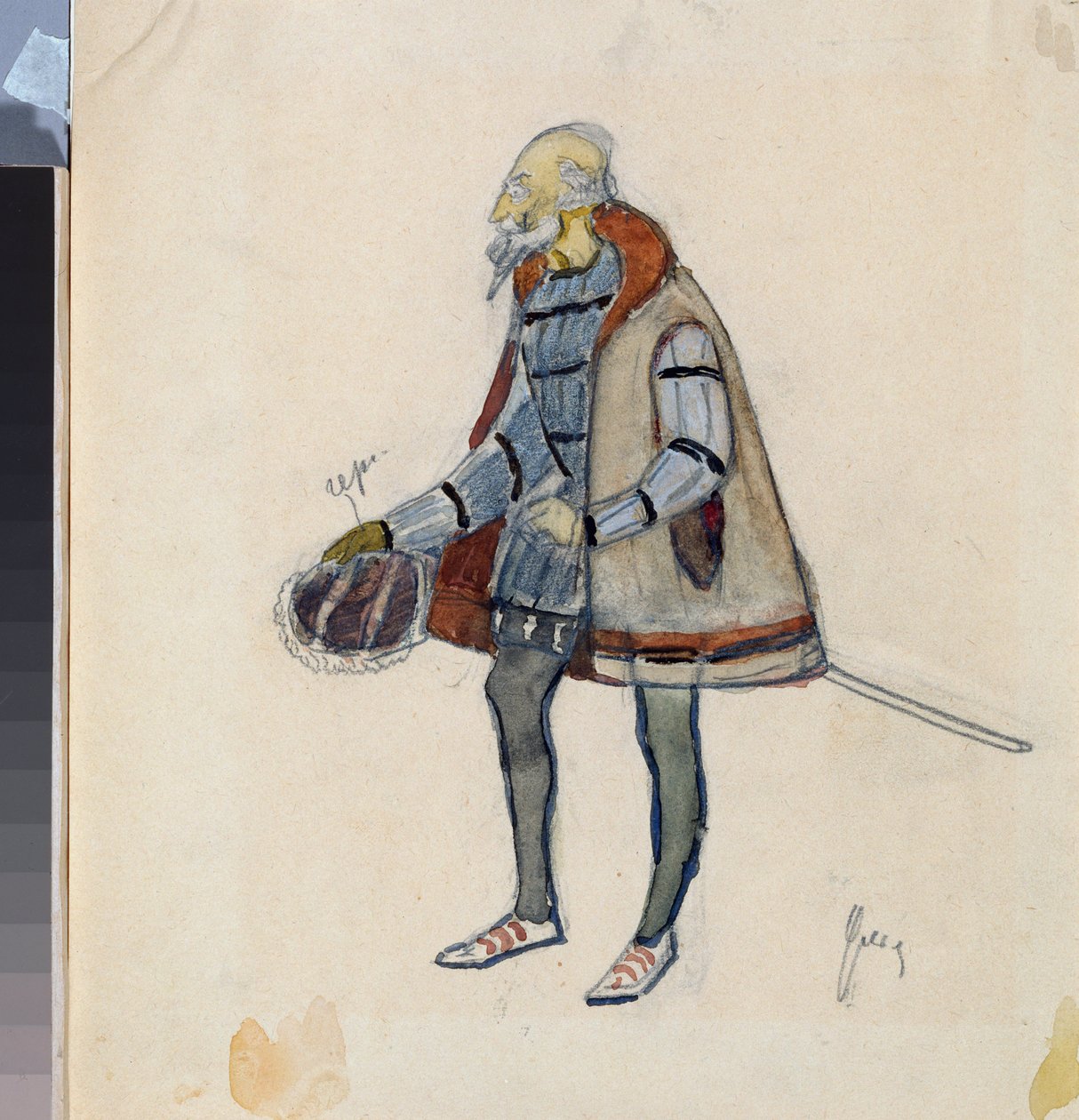 Kostümentwurf, der geizige Baron, für das Theaterstück "Der geizige Ritter" von A. Puschkin von Nikolai Pavlovich Ulyanov