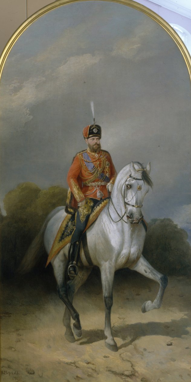 Porträt des Kaisers Alexander III. 1845-1894 in der Uniform des Husarenregiments der Leibgarde, 1881 von Nikolai Yegorovich Sverchkov