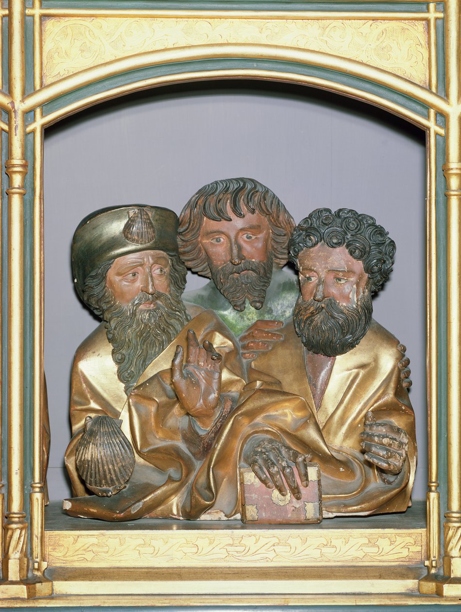 Holzschnitzereien von St. Jakobus dem Älteren, St. Simon und St. Thaddäus, aus der Predella des Isenheimer Altars, um 1490 von Nikolaus Hagenauer