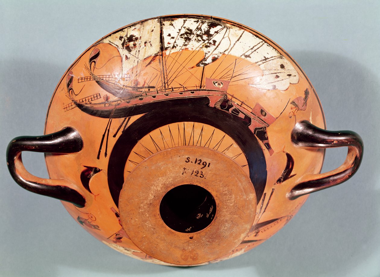 Attische schwarzfigurige Tasse, die griechische Segelschiffe zeigt, ca. 520 v. Chr. von Nikosthenes
