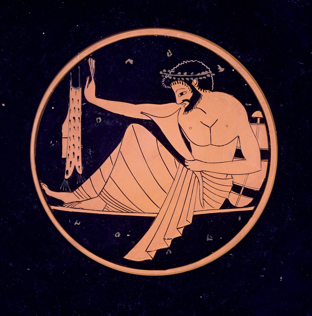 GR.1-1927 Attisch rotfiguriger Becher, der einen Bankettteilnehmer mit Trinkhorn zeigt, 520-510 v. Chr. (Ton) von Nikosthenes