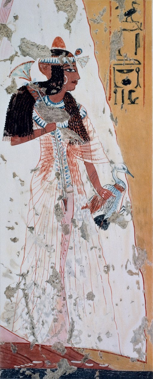 Junge Frau mit Ente, Kopie eines Freskos aus dem Grab von Ipouy, Theben, aus der Regierungszeit von Ramses II, Platte aus Altägyptische Malereien, von Nina Davies von Nina de Garis Davies
