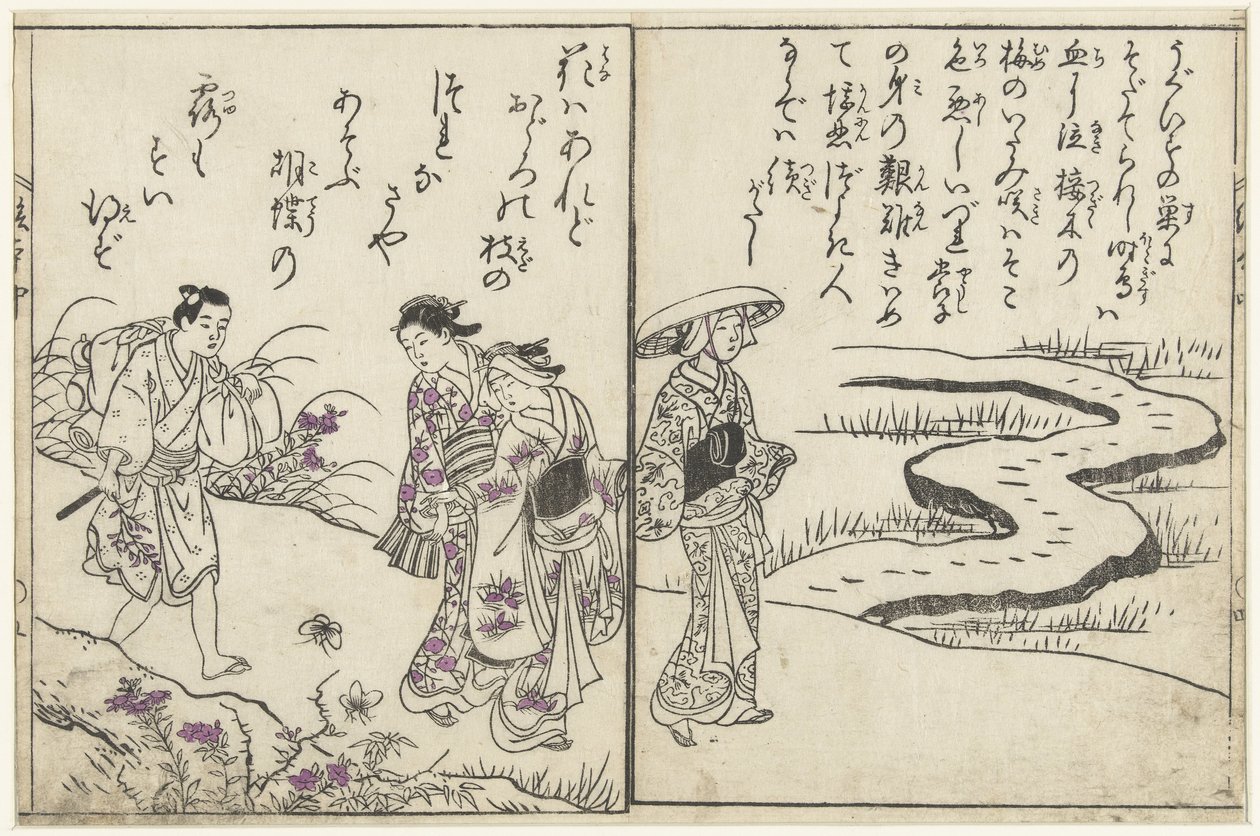 Spaziergänger in einer Landschaft mit Blumen von Nishikawa Sukenobu (attributed to)