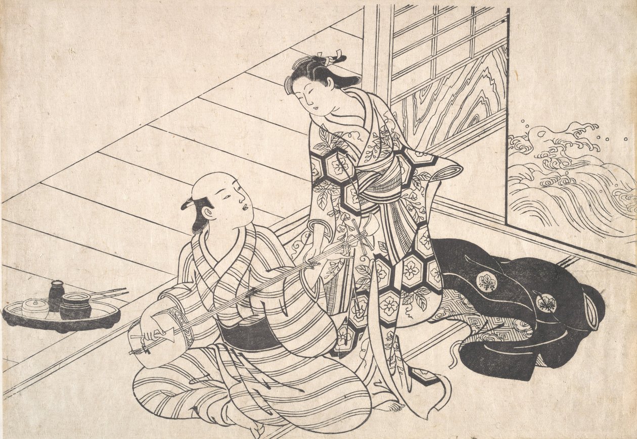 Dame unterbricht ihren Liebhaber, der Shamisen spielt von Nishikawa Sukenobu
