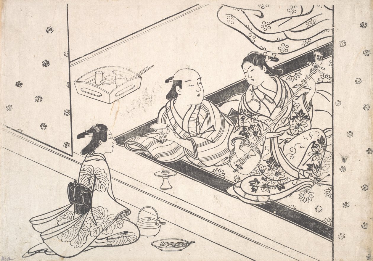 Dame spielt Shamisen, mit ihrem Liebhaber und Diener in der Nähe von Nishikawa Sukenobu