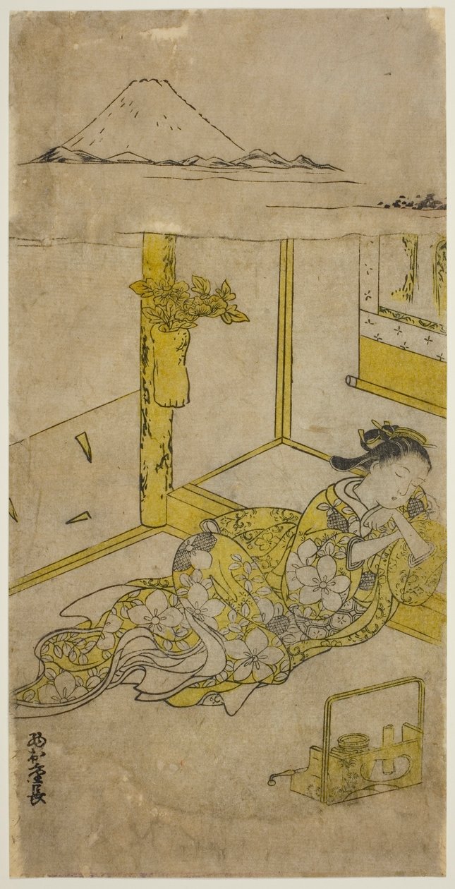 Schlafende junge Frau mit dem Berg Fuji darüber von Nishimura Shigenaga