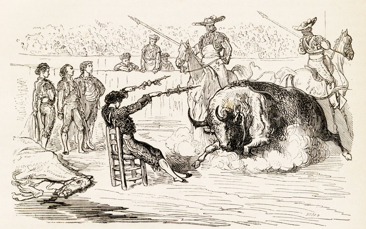 Ein spanischer Banderillero platziert die Banderillas im Sitzen, 1878 von Noel Eugene Sotain