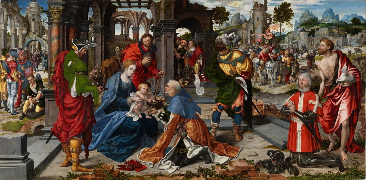 Die Anbetung der Könige mit dem Stifter Philippe de Villiers de l’Isle-Adam, ca. 1530 von Noel Bellemare