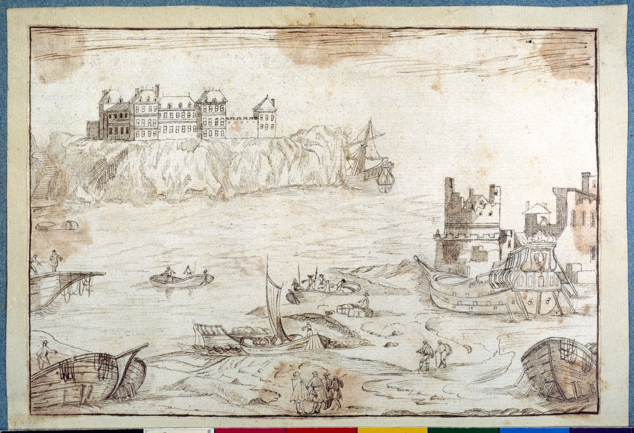 Eine Burg auf Klippen, mit Studien von Galeonen und Fischerbooten von Noel Gasselin