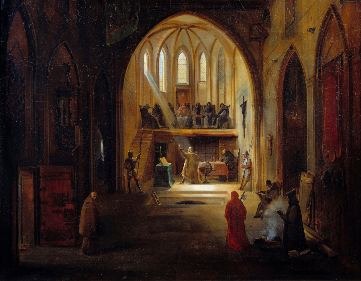 Galileo (1564-1642) vor dem Tribunal der Inquisition. Der italienische Astronom Galileo Galilei wurde 1633 wegen seiner Arbeit zur Verteidigung des heliozentrischen Modells des Universums von Kopernikus verurteilt. Gemälde von Joseph Clerian (1796-1842) von Noel Thomas Joseph Clerian