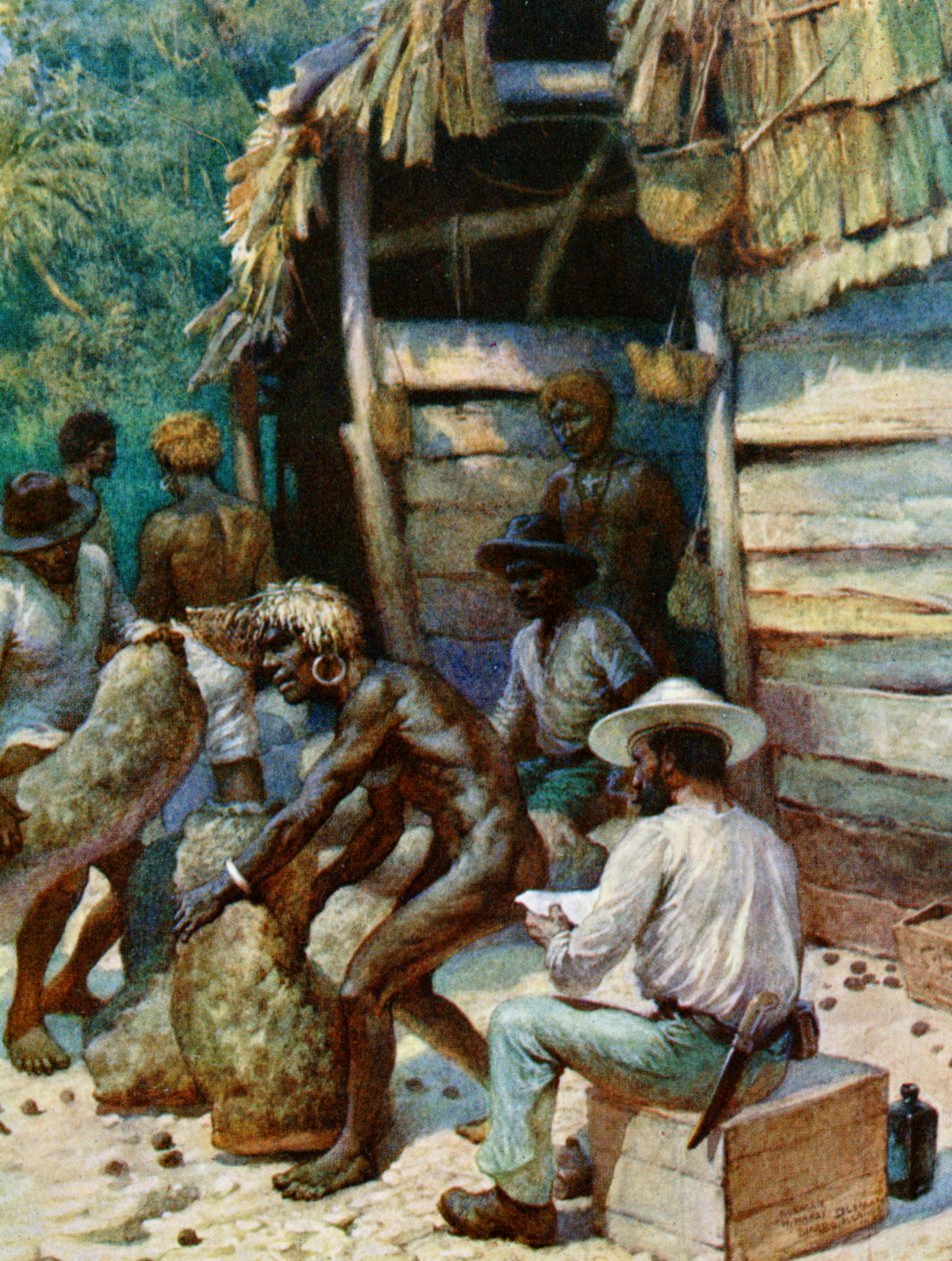 Ein Händler von einer Südseeinsel und seine Säcke mit Elfenbeinnüssen, 1908 von Norman Hardy