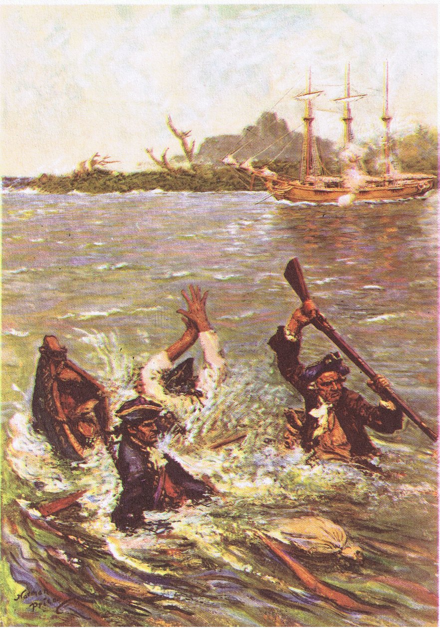 Das Boot sank am Heck in drei Fuß Wasser, aus Die Schatzinsel, veröffentlicht von MacDonald 1947 von Norman Mills Price