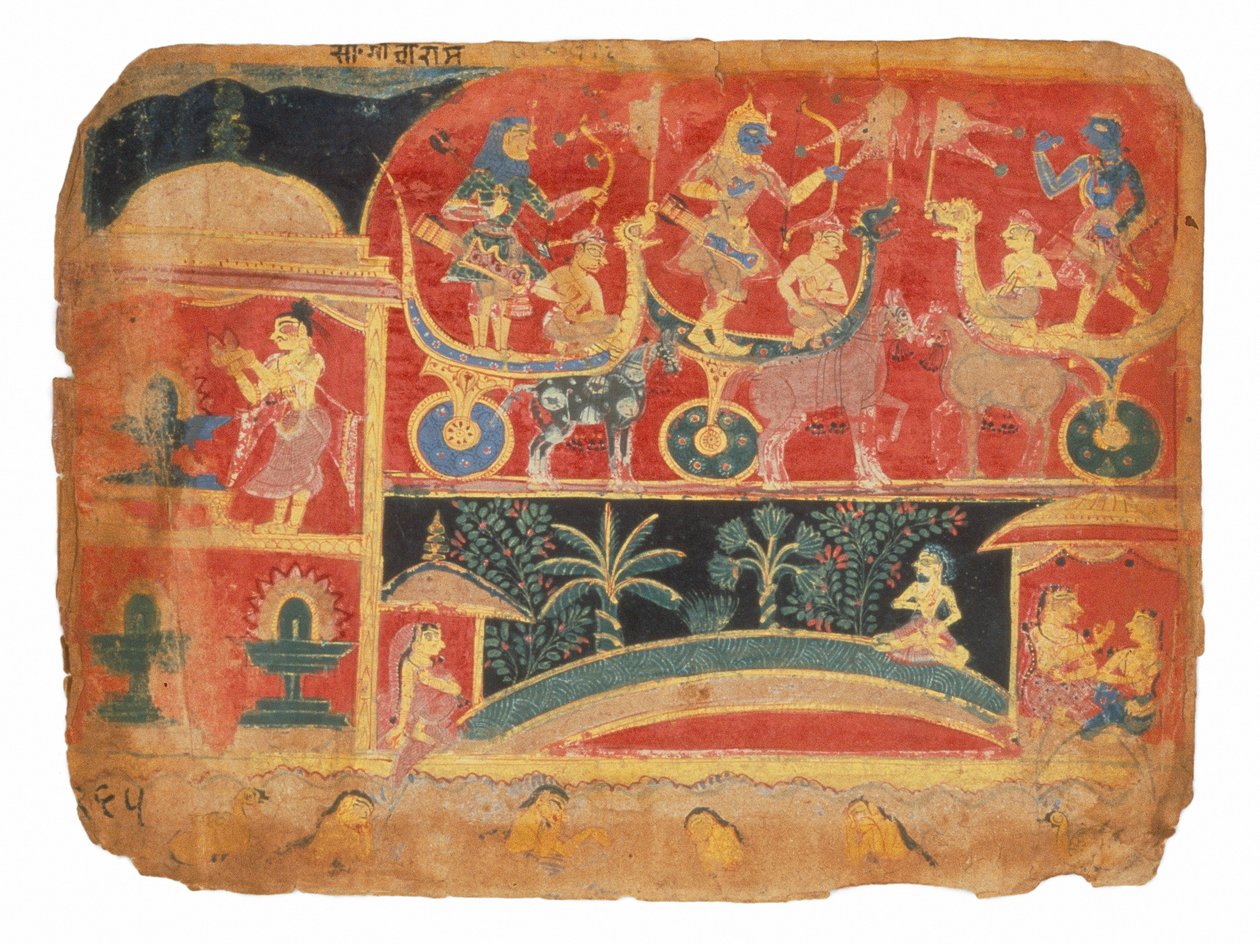 Illustration für Bhagavata Purana, die Rukmini-Haran Schlachtszene von North Indian School