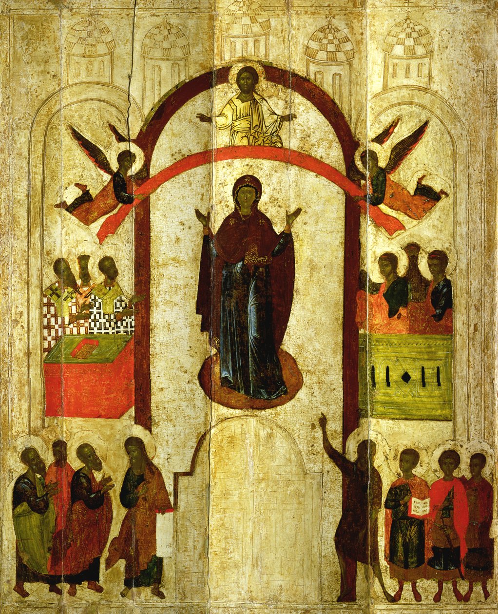 Der Schutz der Theotokos (Mutter Gottes) Russische Ikone aus dem Zverin-Kloster, 1399 von Novgorod School