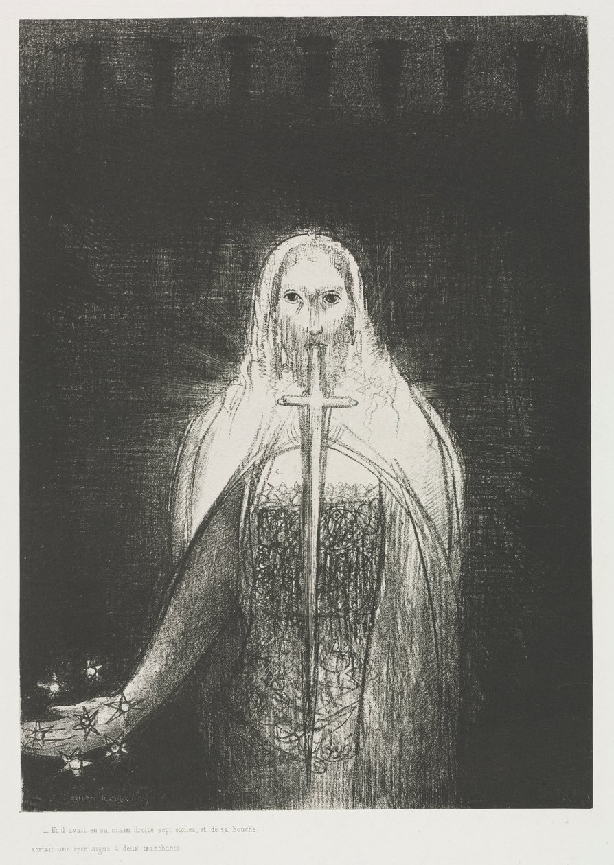 Und er hatte in seiner rechten Hand sieben Sterne; und aus seinem Mund ging ein scharfes, zweischneidiges Schwert von Odilon Redon