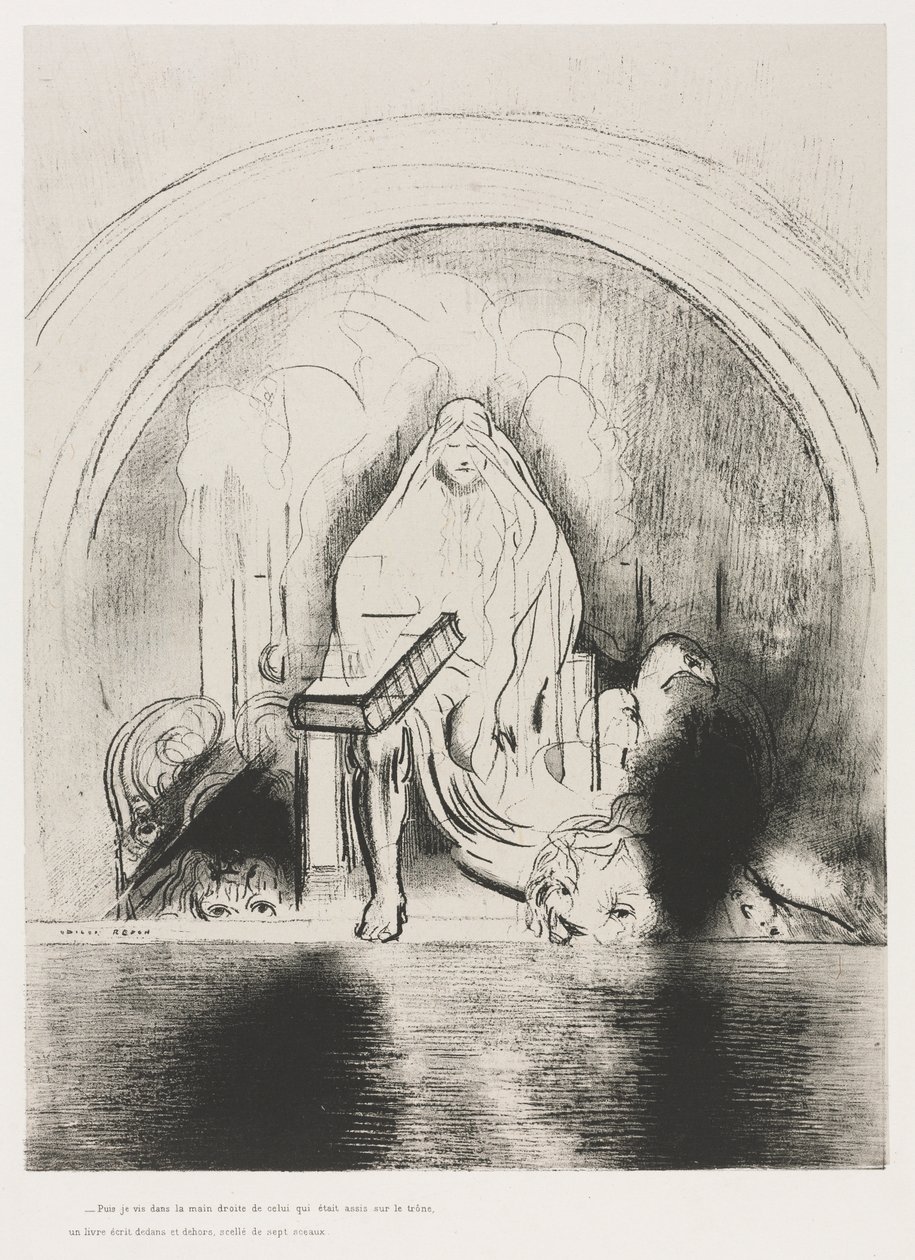 Und ich sah in der rechten Hand dessen, der auf dem Thron saß, ein Buch, beschrieben innen und auf der Rückseite, versiegelt mit sieben Siegeln von Odilon Redon