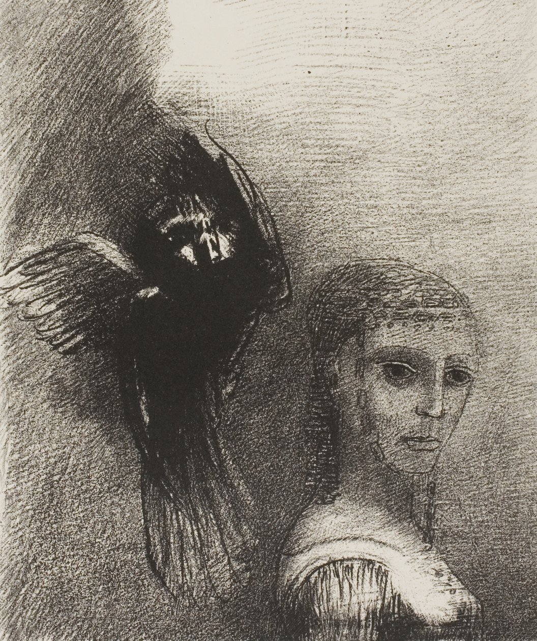 Und ein großer Vogel, der vom Himmel herabsteigt, stürzt sich gegen die höchste Spitze ihres Haares, Platte 3 von 10 von Odilon Redon