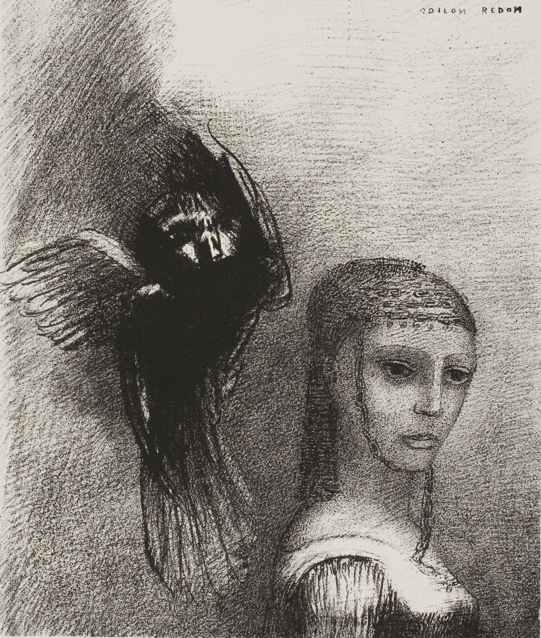 Und ein großer Vogel, der vom Himmel herabsteigt, stürzt sich gegen die höchste Spitze ihres Haares, Platte 3 von 10 von Odilon Redon